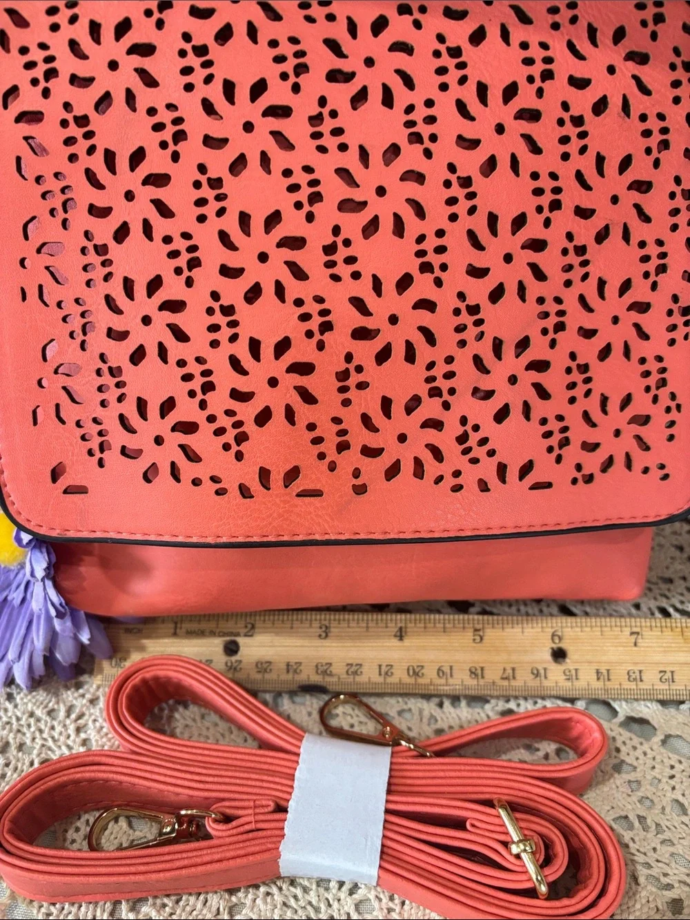 Coral Laser-Cut Crossbody Bag with Adjustable Strap